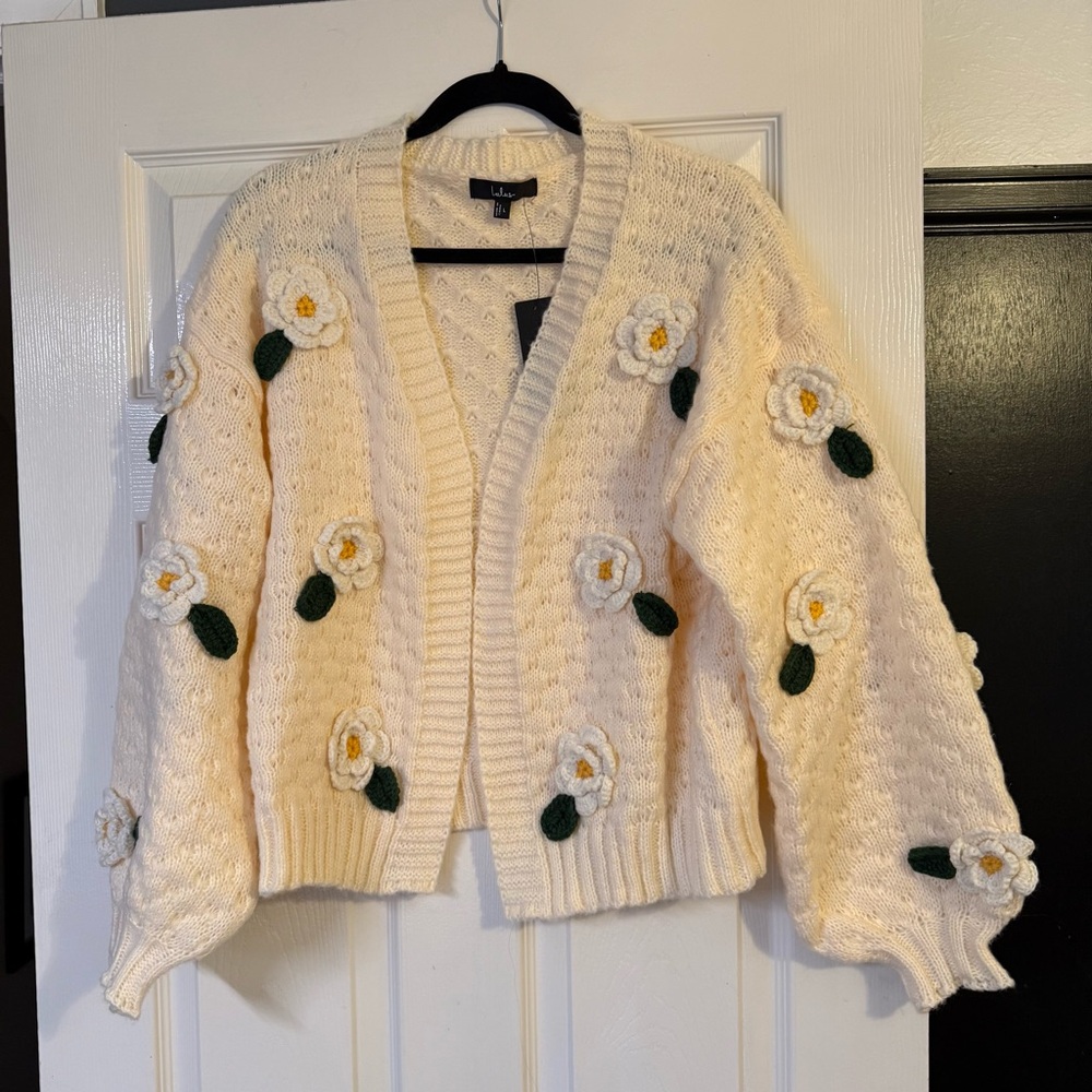 NWT Lulus Chosen Charm Cream Knit Floral Embroidered Cardigan - Picture 5 of 9